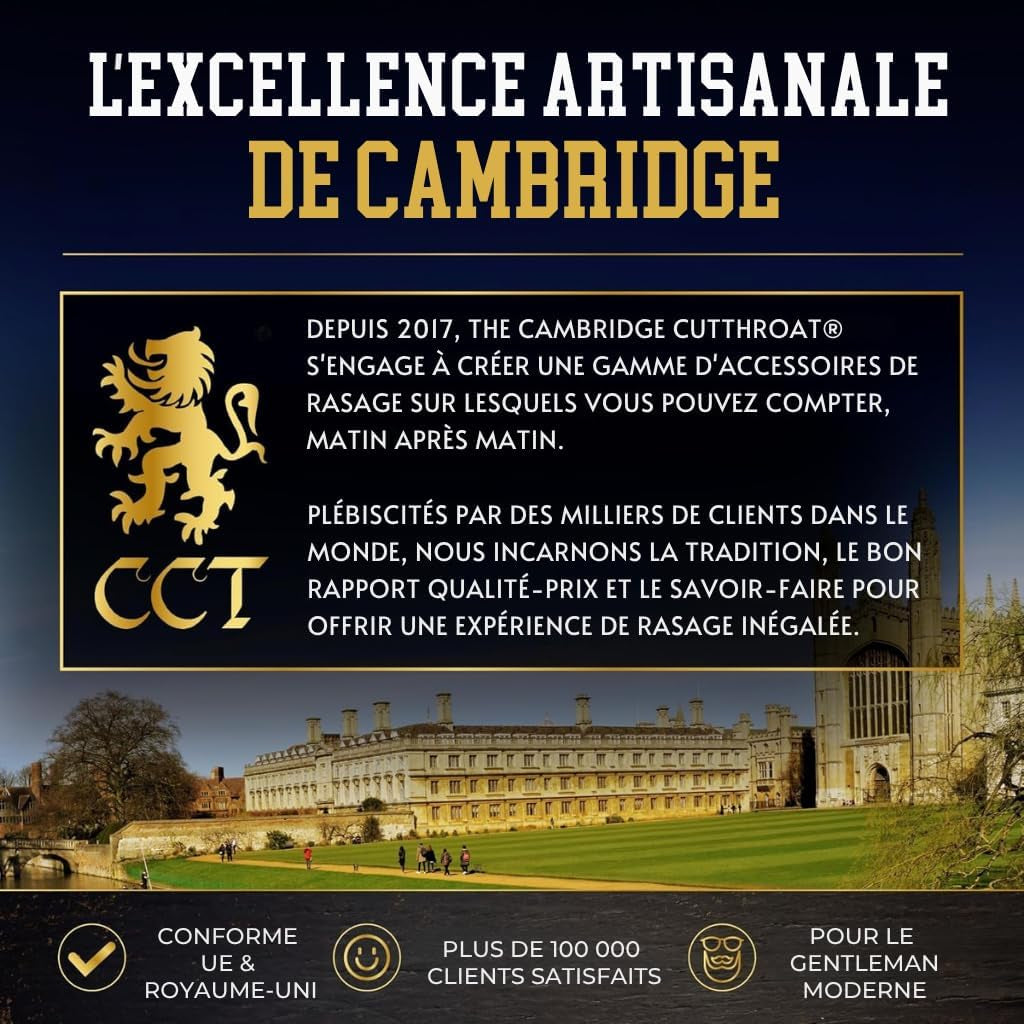 The Cambridge Cut Throat Blaireau Rasage De Haute Qualité Pour Hommes En Bois Et Acier Inoxydable, Poils Végétaliens Synthétiques
